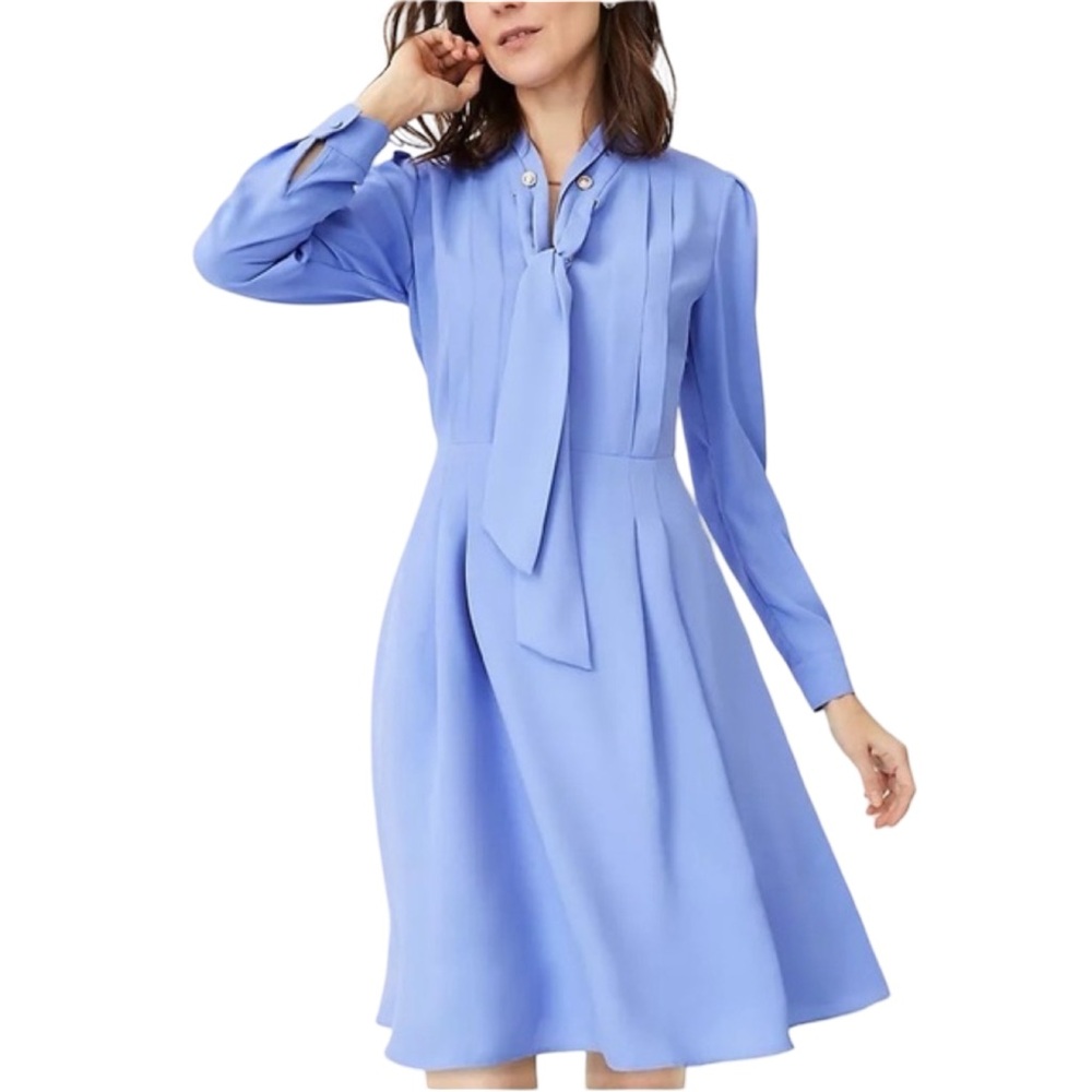 Ann Taylor Dress Chain Tie Pleated Fit & Flare Light Blue Long Sleeve Size 4P